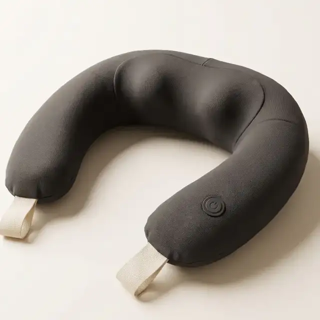 The generated product photo from the storefront page: the same charcoal massager photographed alone on a plain cream studio background.