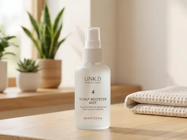 A generated product photo from the serum run: a frosted glass LINK.D Bond Defender scalp booster bottle standing on a pale wooden table by a window, houseplants behind it and a folded waffle towel beside it.